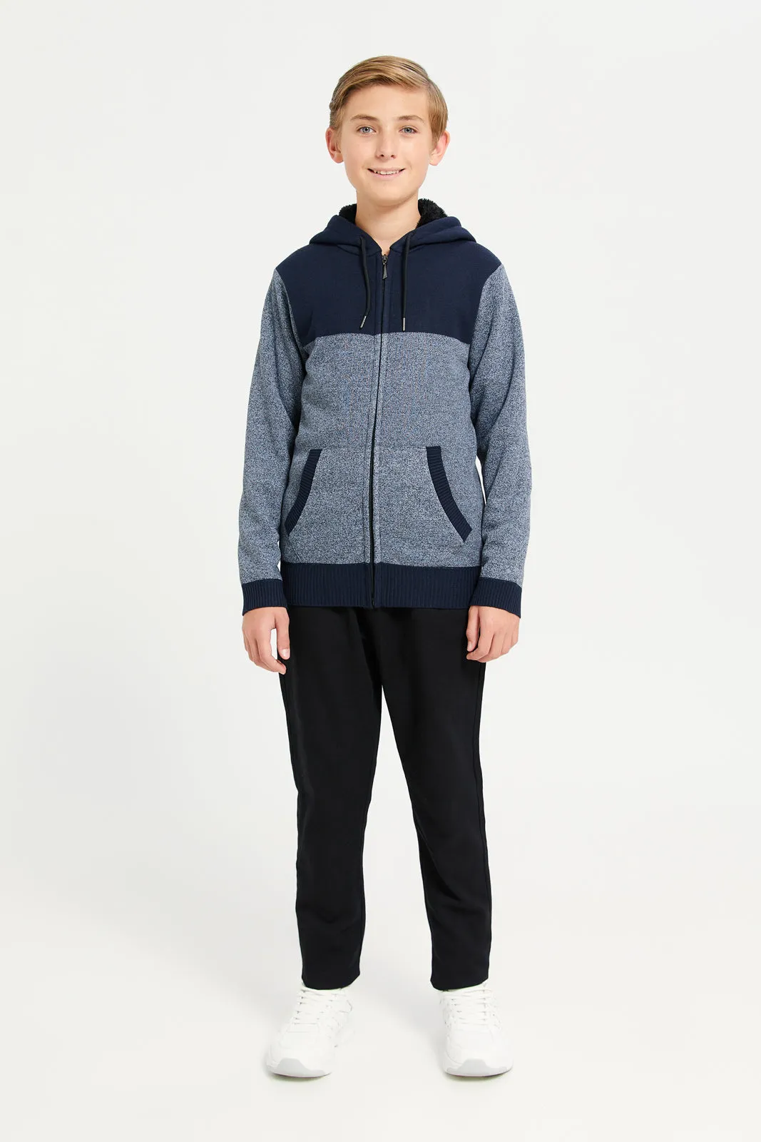 Senior Navy Cut And Sew Hooded Cardigan