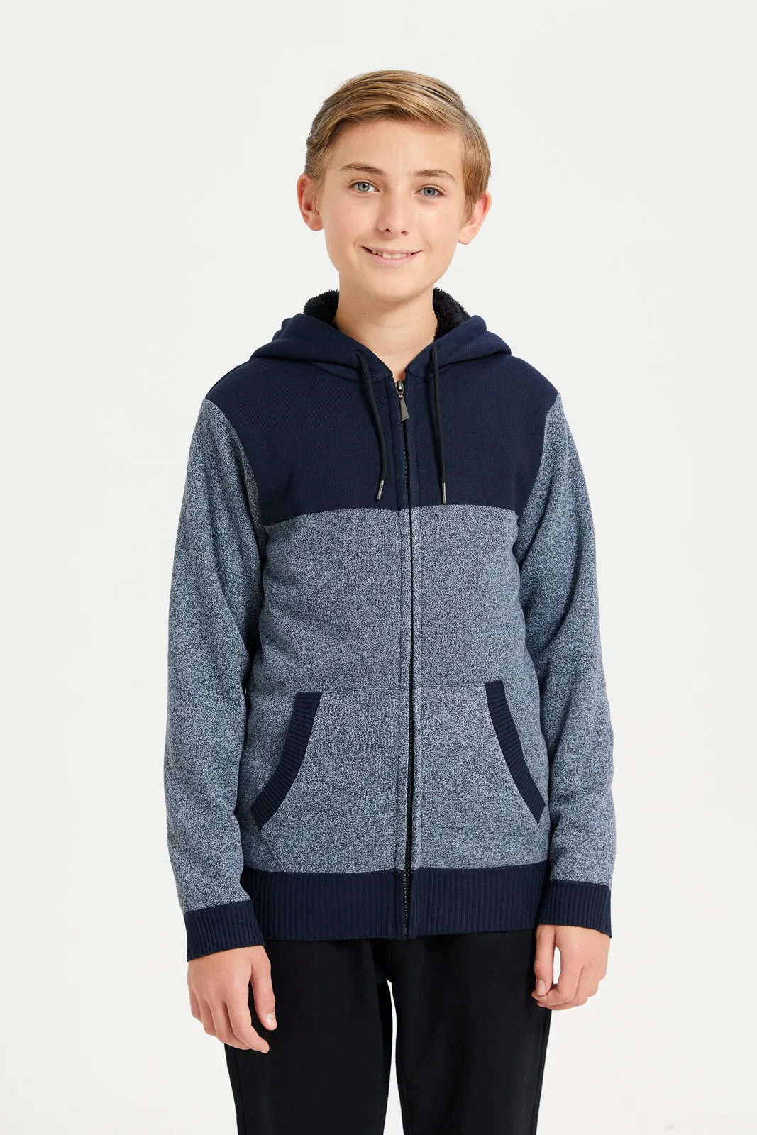 Senior Navy Cut And Sew Hooded Cardigan