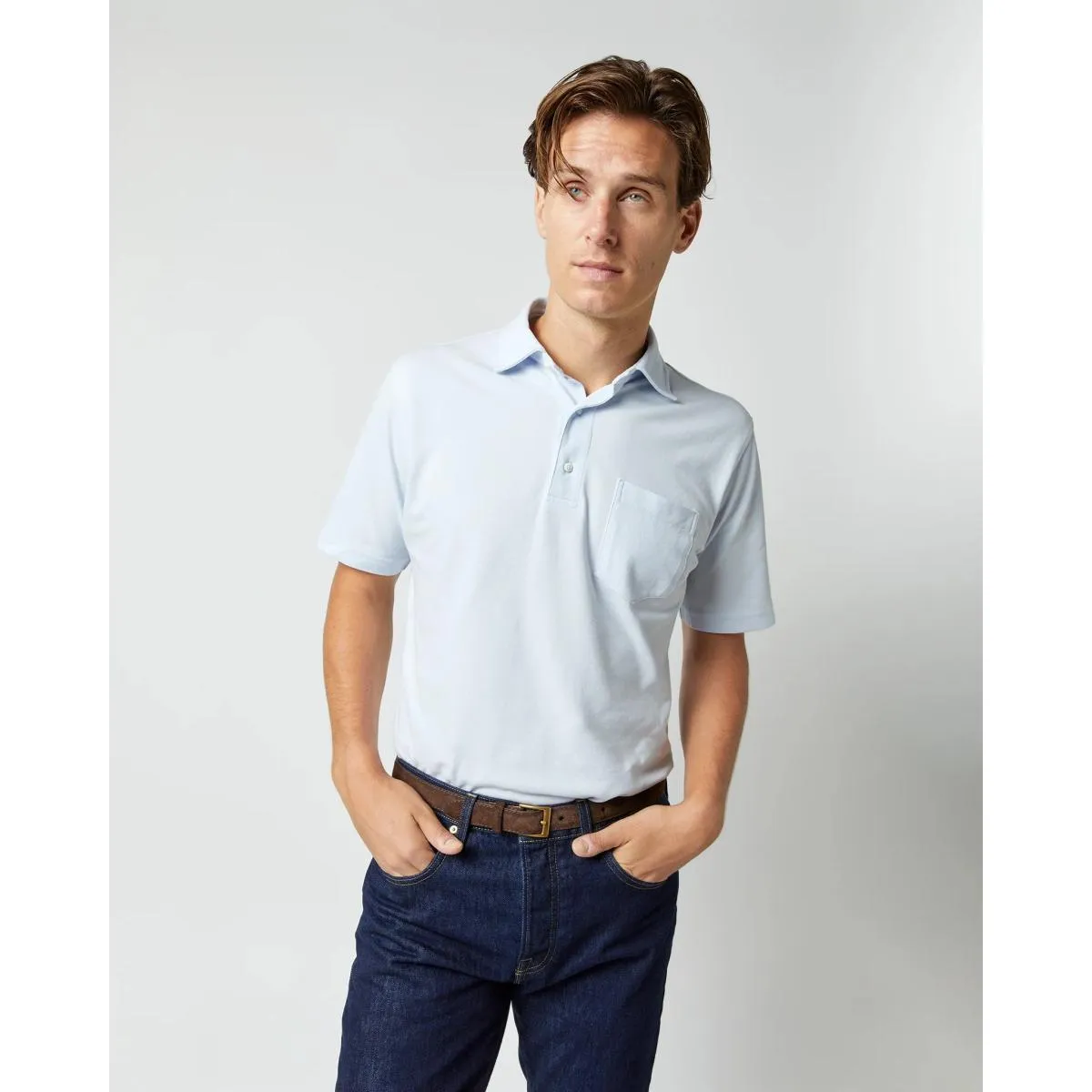 Short-Sleeved Polo Pale Blue Pima Pique