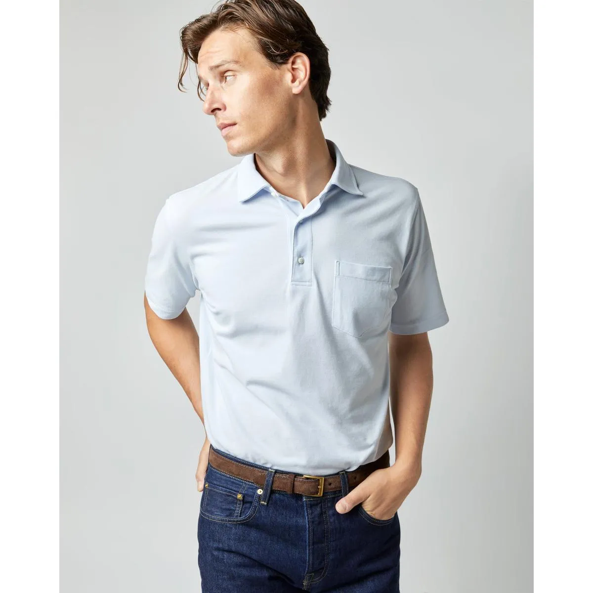 Short-Sleeved Polo Pale Blue Pima Pique