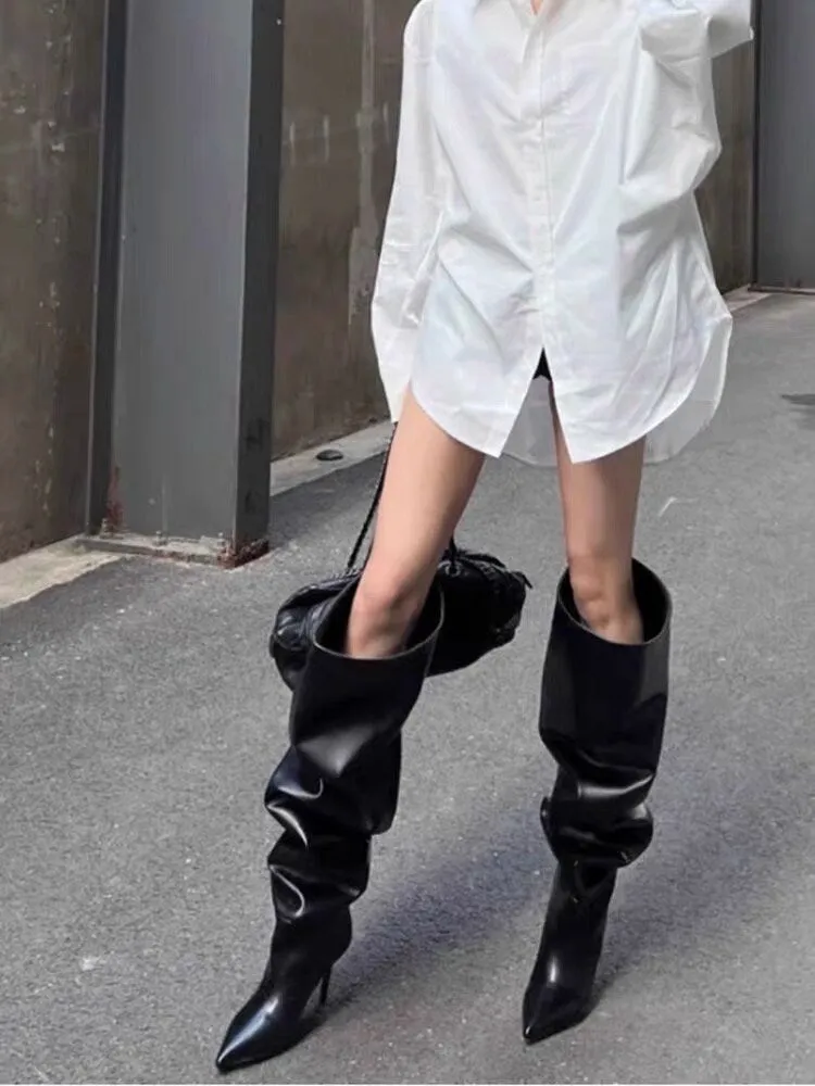 Stylish Leather Knee-High Boots for Women,  Black Slouch Heel Boots, Point Toe Slouchy Leather Heel Boots, Size 35 36 37 38 39 40 41 42