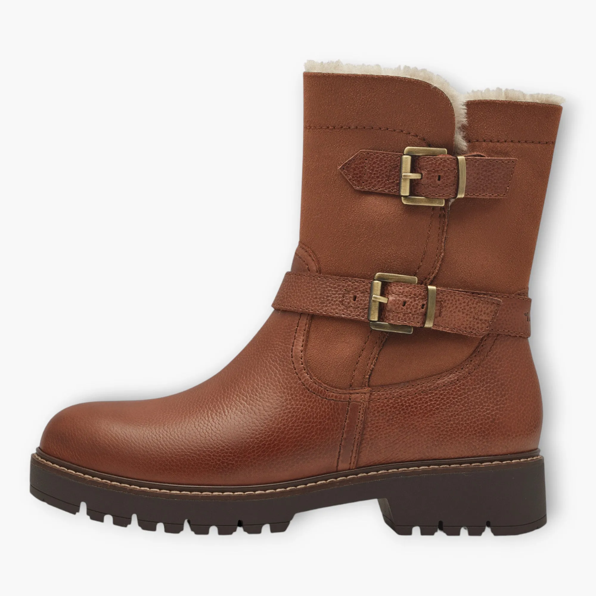 Tamaris Brown Boots with Double Buckle & Side Zip - Chunky Sole, Fur Lined, Comfort Fit