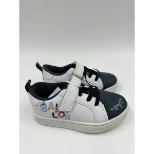 Toddler Size 8, White & Navy Leather Slip-on Boat Sneakers with Straps