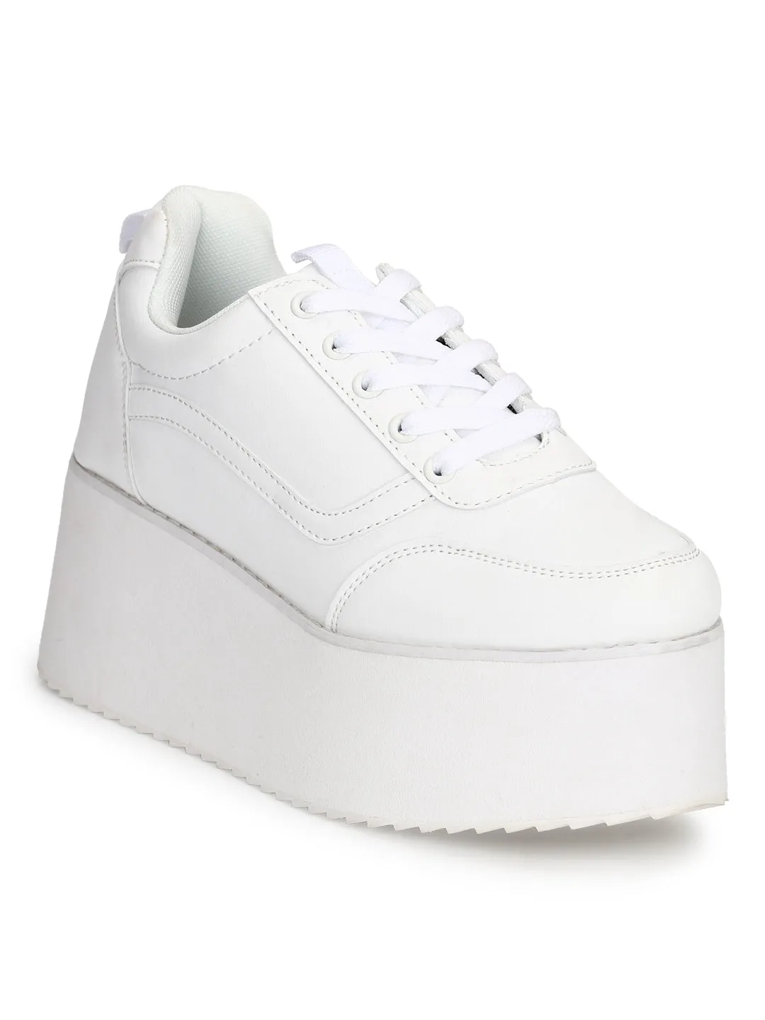 White PU Lace-Up Flatform Sneakers