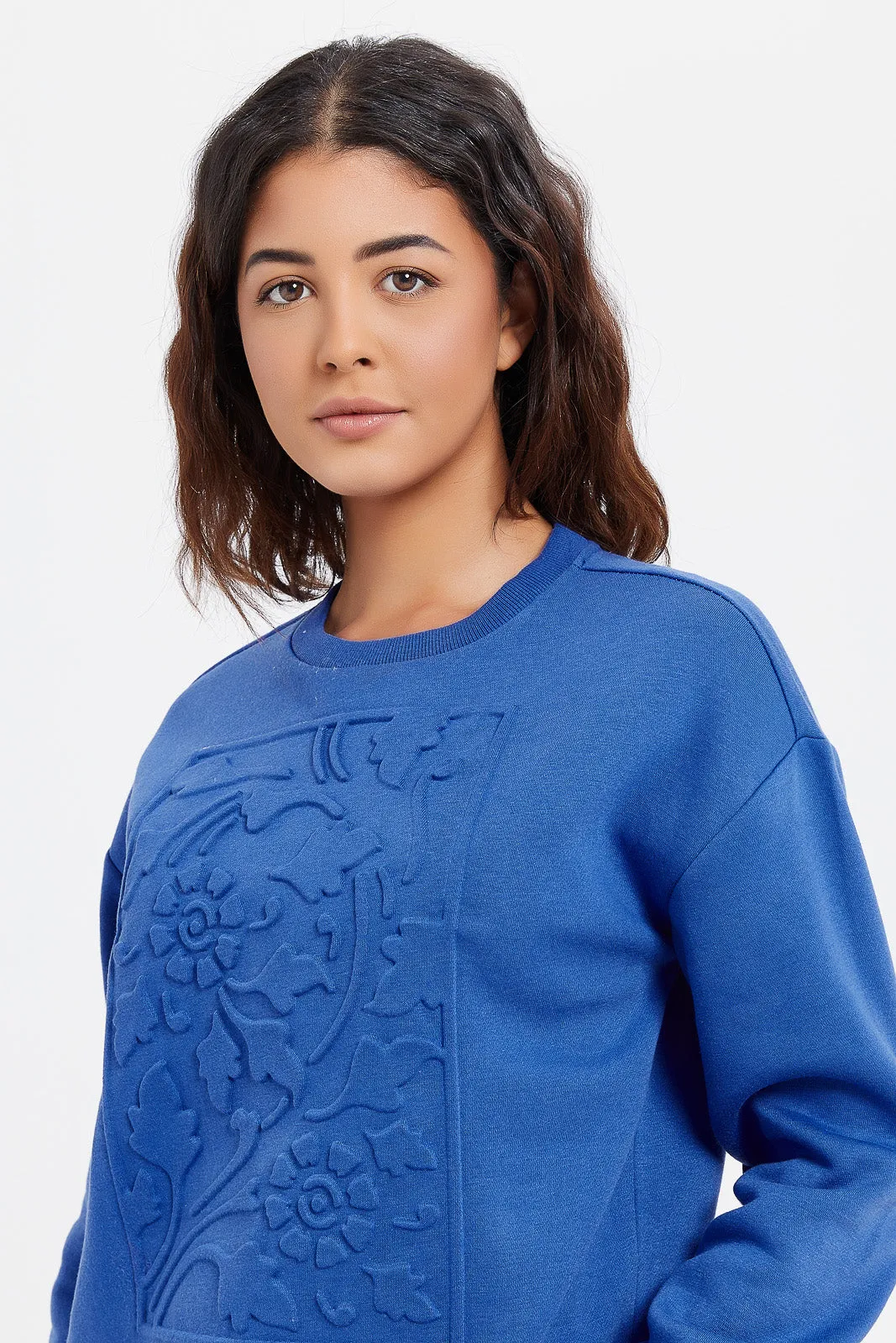 Women Blue Embossed Print Sweatshirt