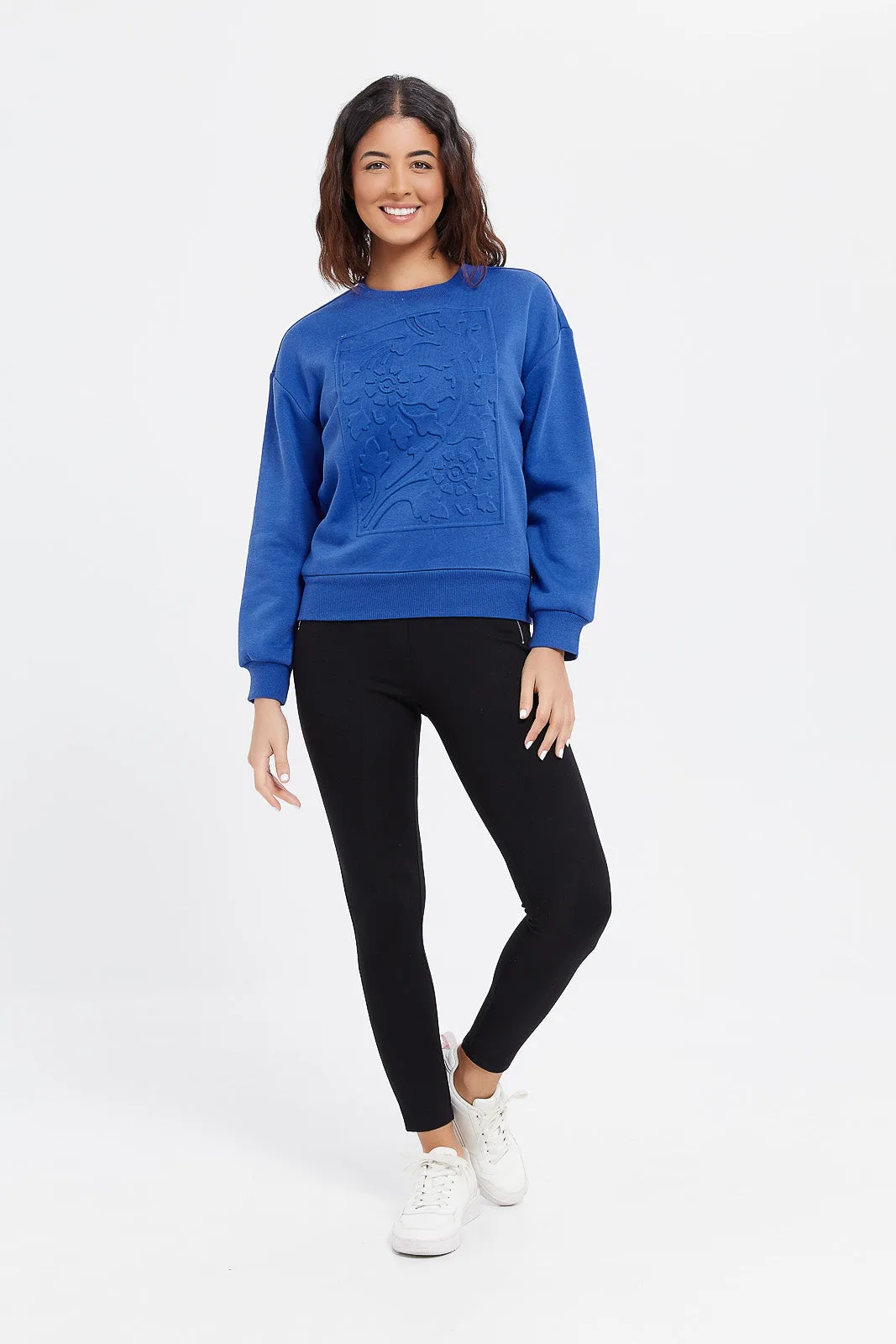 Women Blue Embossed Print Sweatshirt