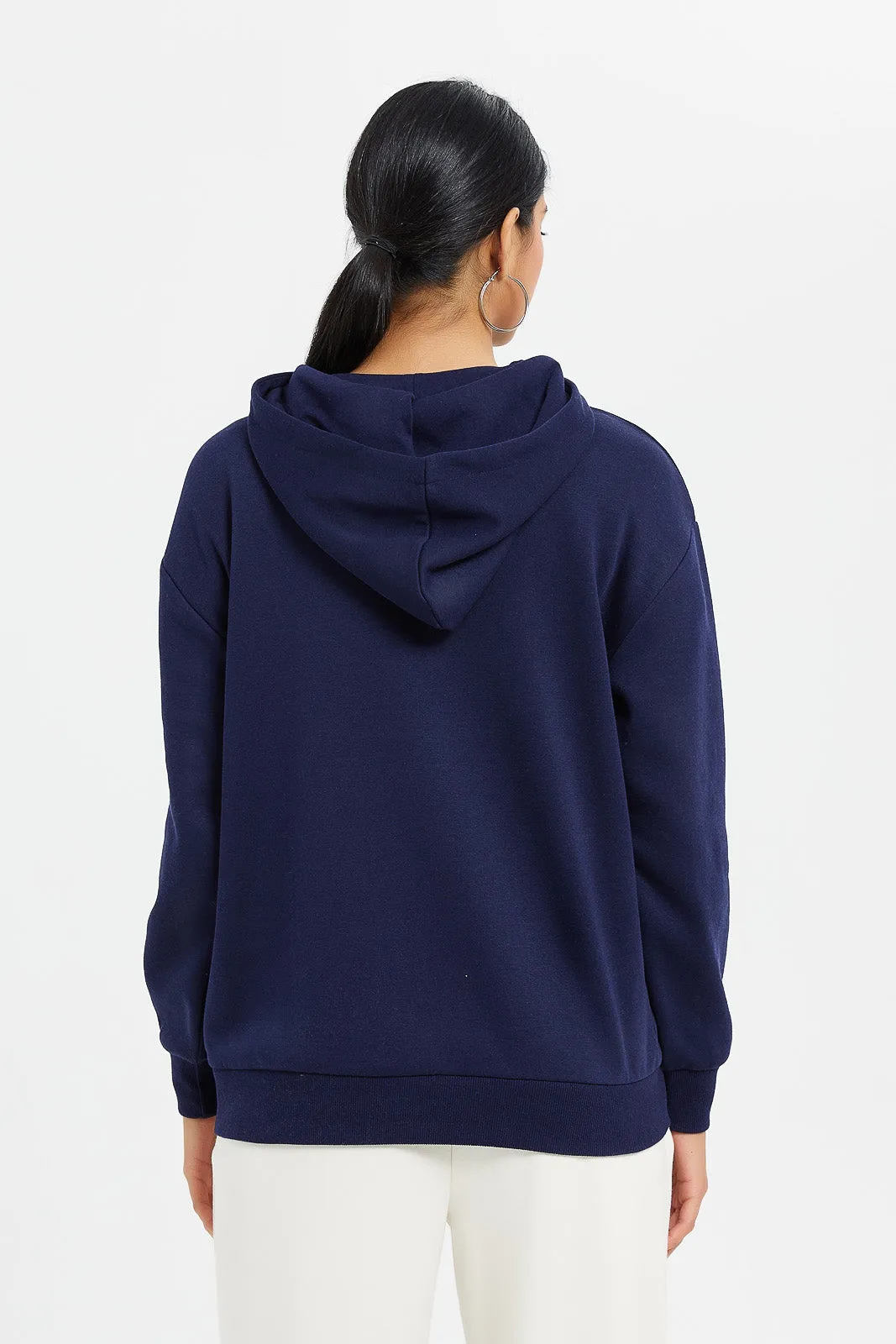 Women Navy Hooded Printed Sweatshirt