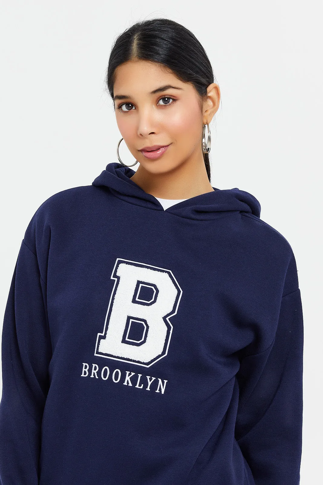 Women Navy Hooded Printed Sweatshirt