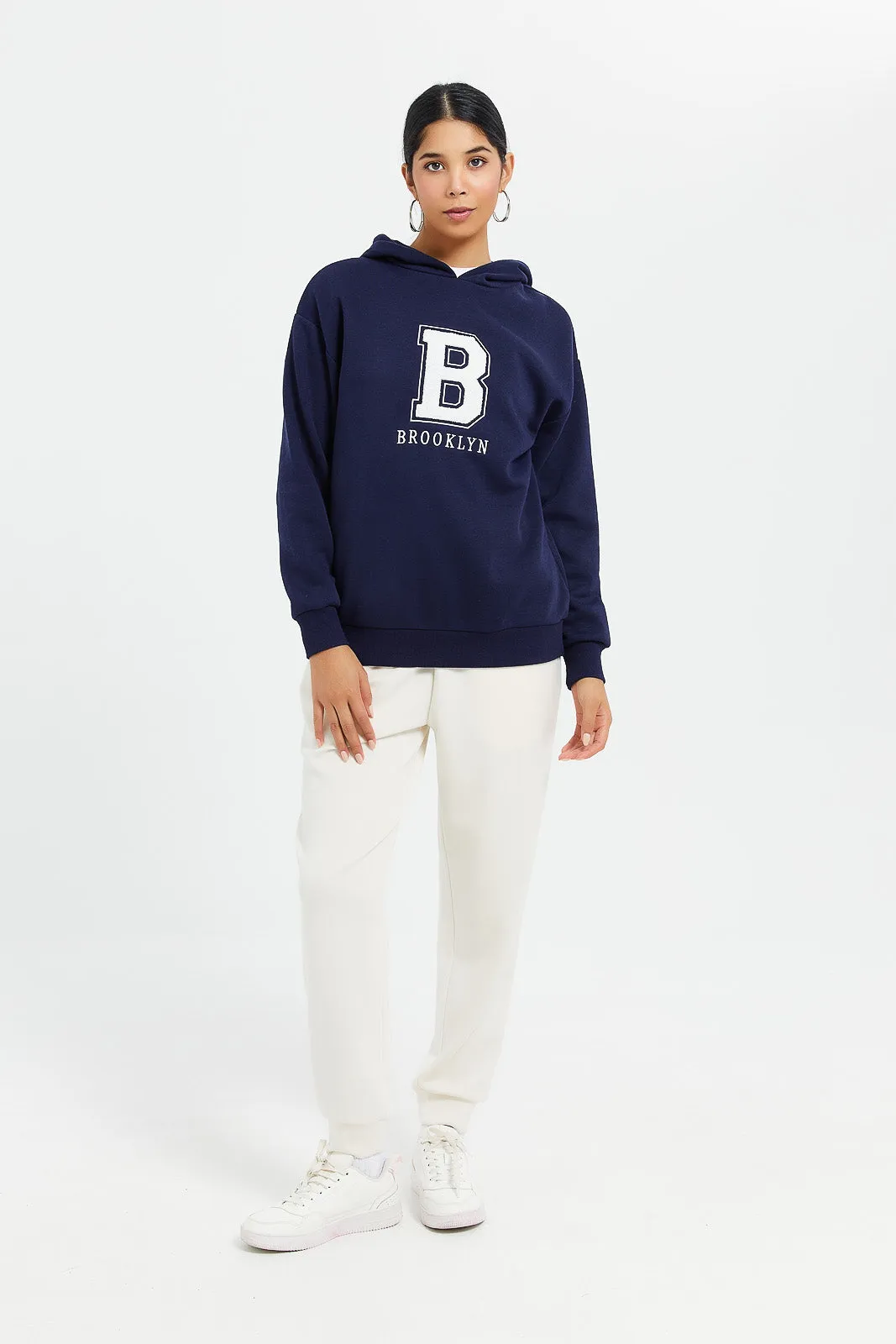 Women Navy Hooded Printed Sweatshirt