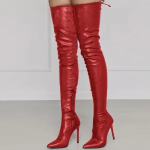 Women pointed toe stiletto heel side zipper back lace up over the knee boots