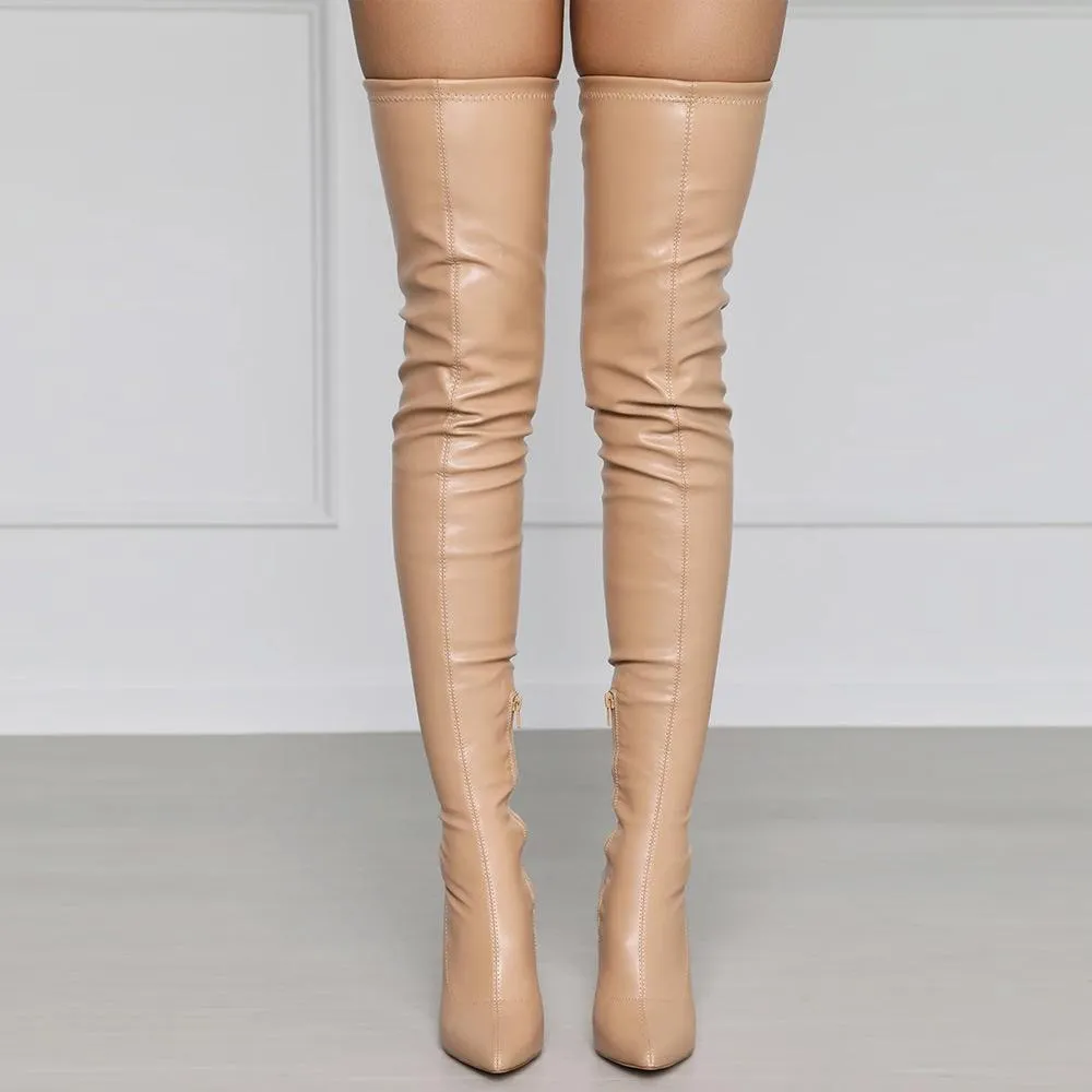 Women pointed toe stiletto heel side zipper back lace up over the knee boots