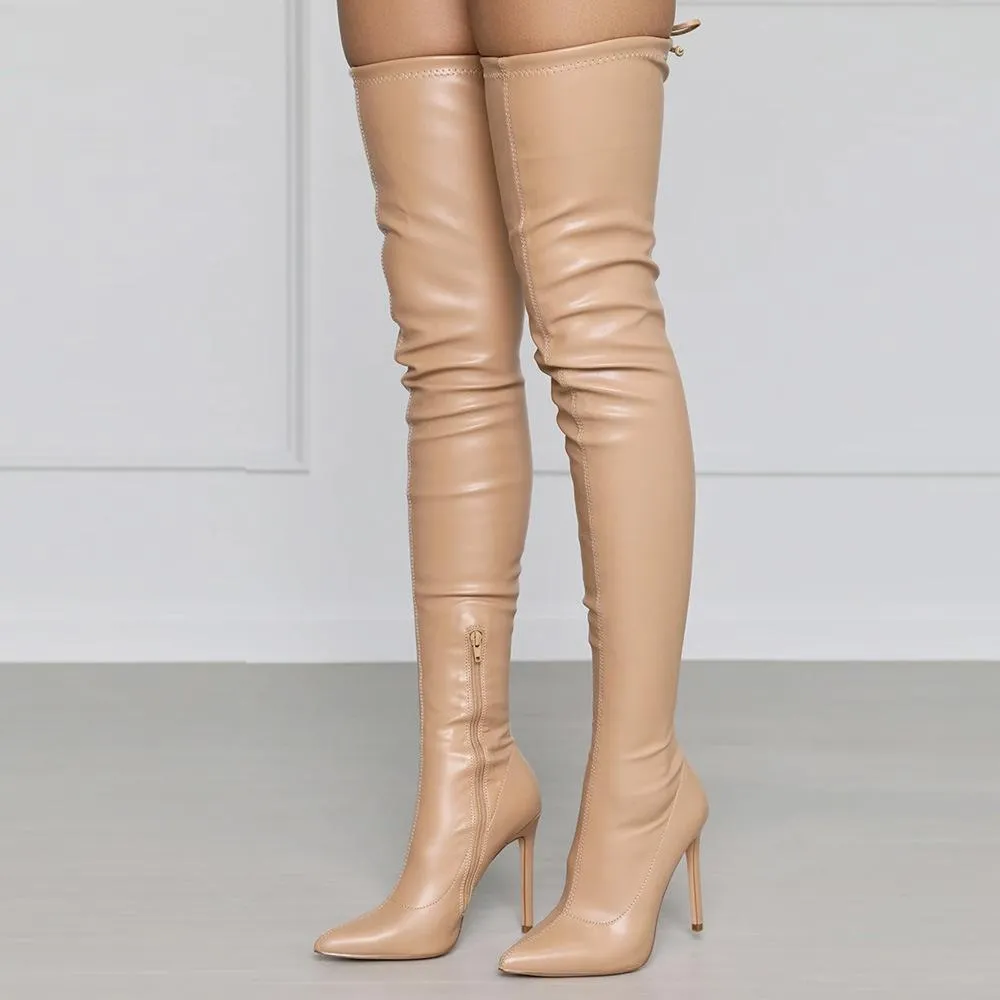 Women pointed toe stiletto heel side zipper back lace up over the knee boots