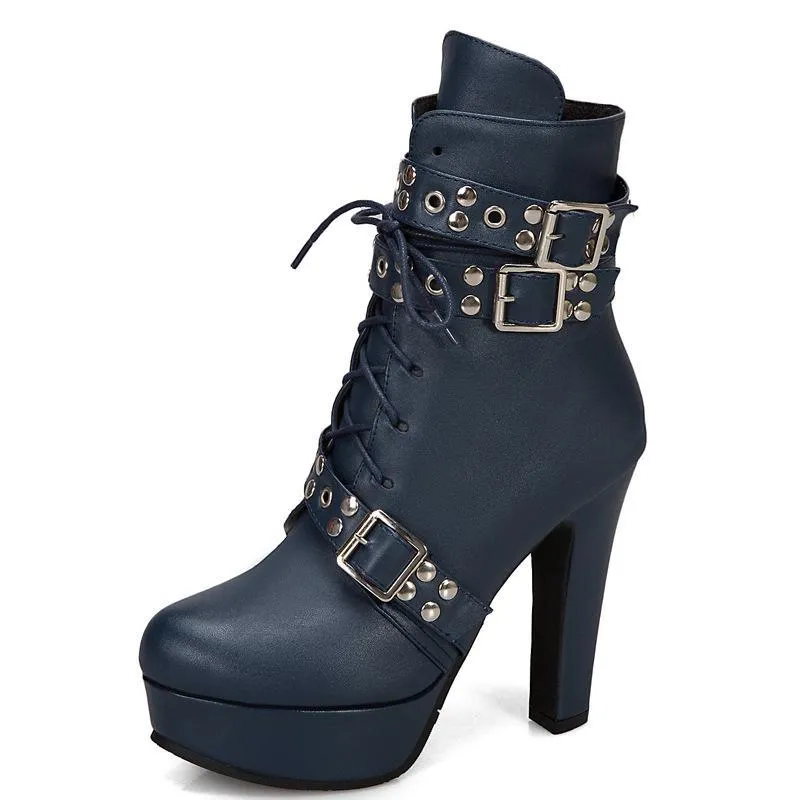 Women studded lace up buckle strap platform block heel combat boots