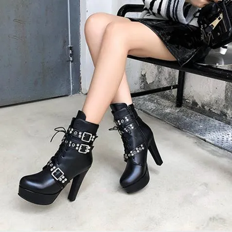 Women studded lace up buckle strap platform block heel combat boots