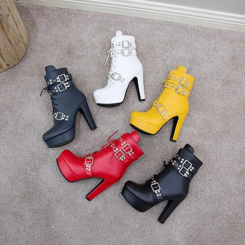 Women studded lace up buckle strap platform block heel combat boots