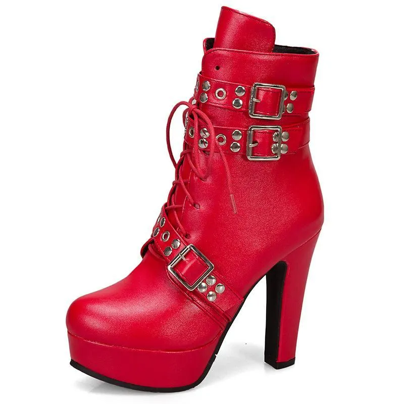 Women studded lace up buckle strap platform block heel combat boots