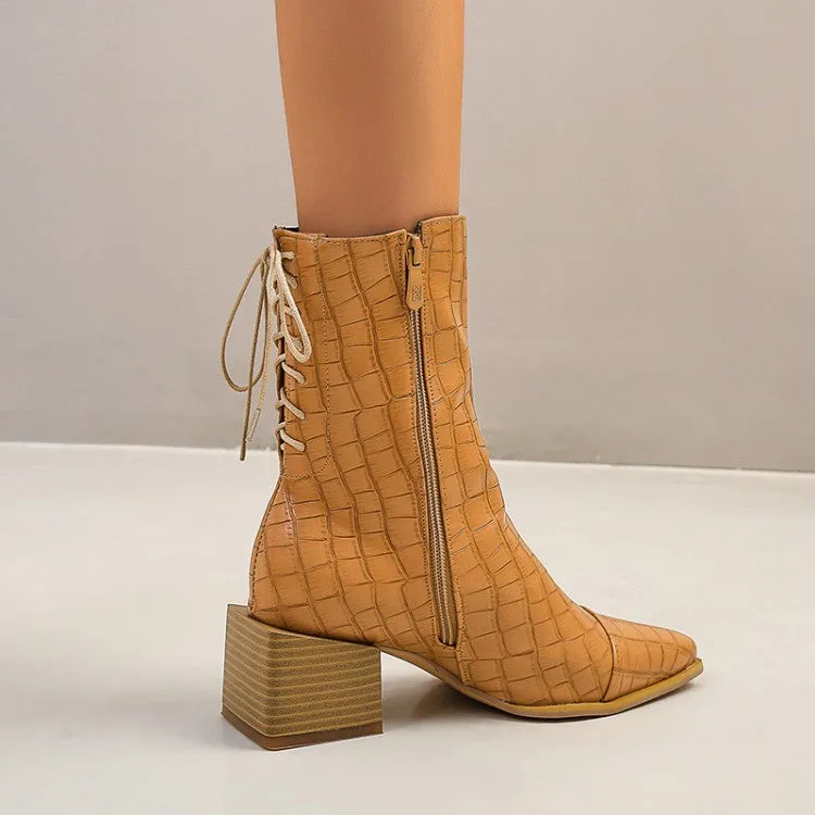 Women's Crocodile Pattern Side Zippers Back Lace Up Block Heel Short Boots