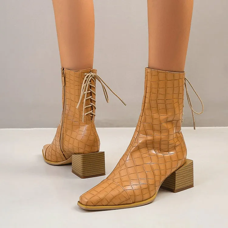 Women's Crocodile Pattern Side Zippers Back Lace Up Block Heel Short Boots