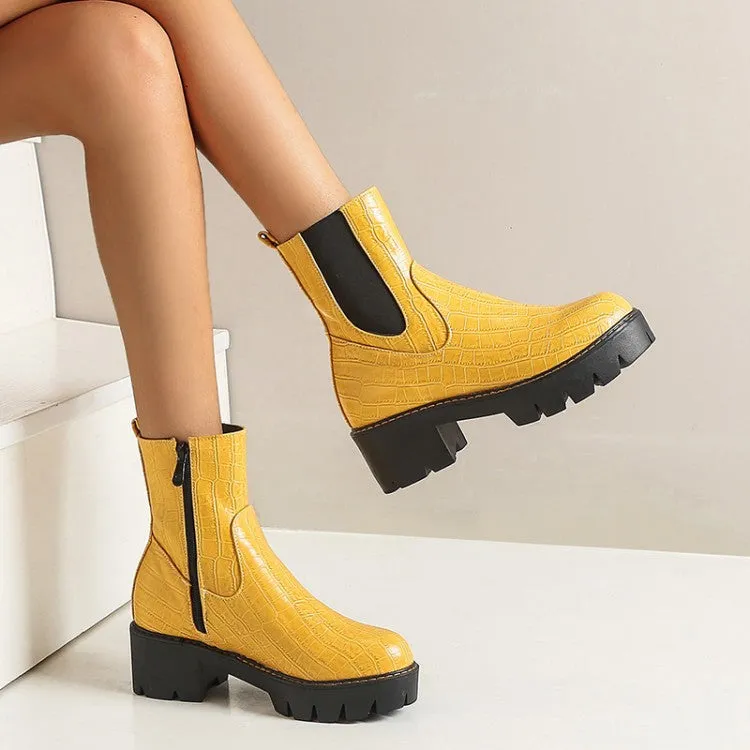 Women's Crocodile Pattern Side Zippers Platform Short Boots