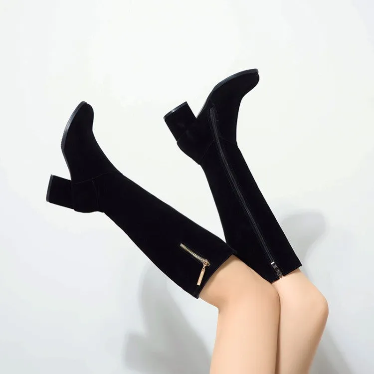 Women's Side Zippers Pendants Block Chunky Heel Knee High Boots