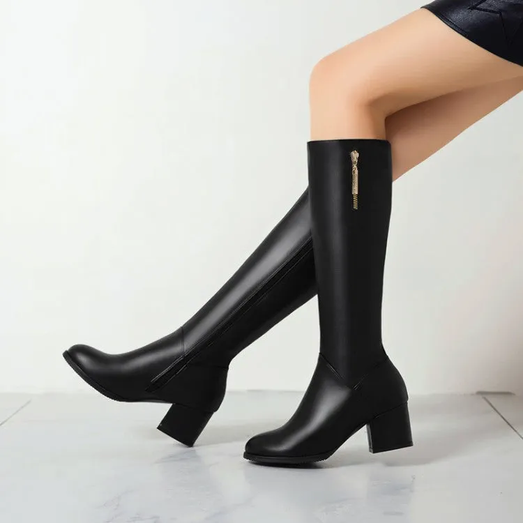 Women's Side Zippers Pendants Block Chunky Heel Knee High Boots